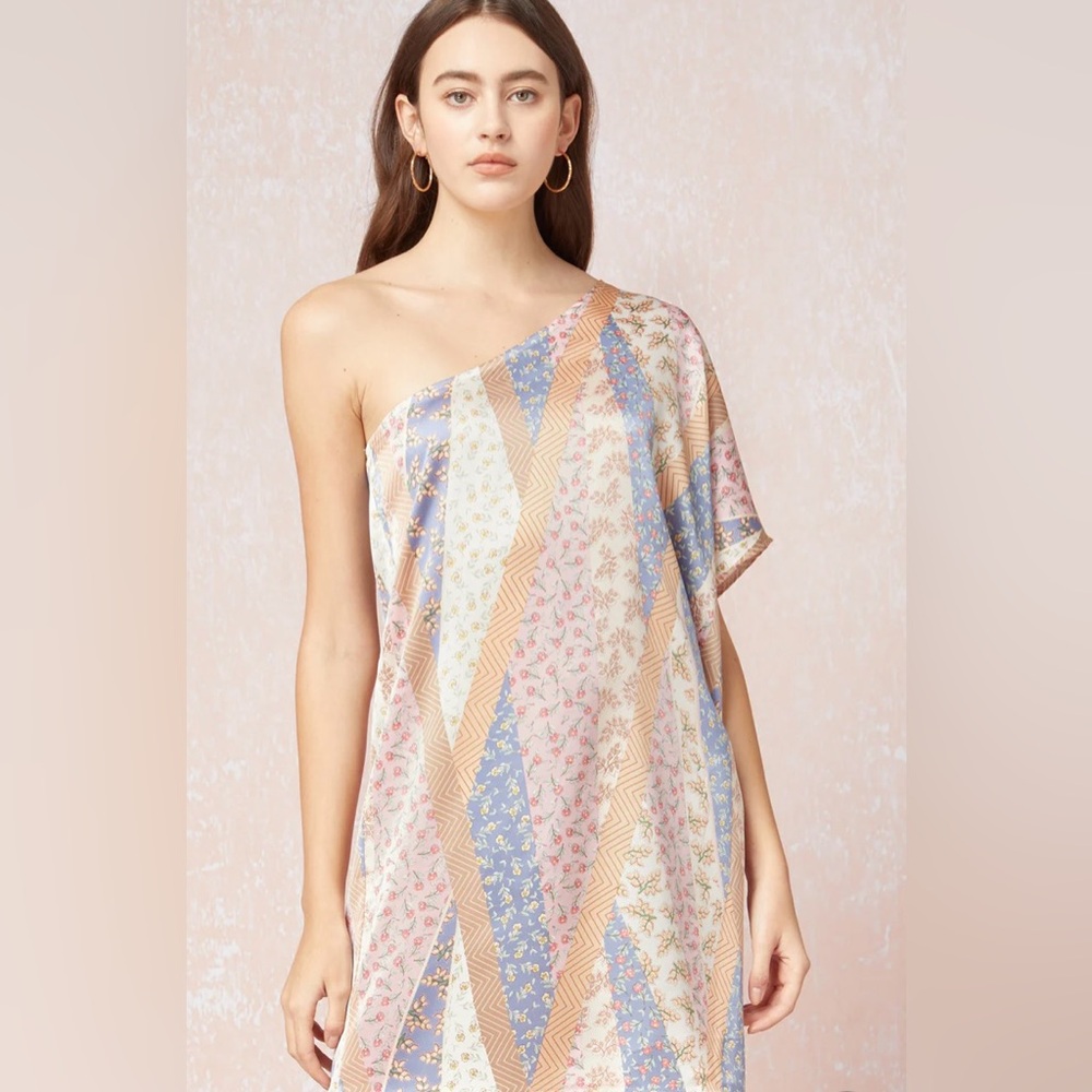 entro One-Shoulder Patchwork Floral Dress in Blue, Pink, Cream - Picture 1 of 7